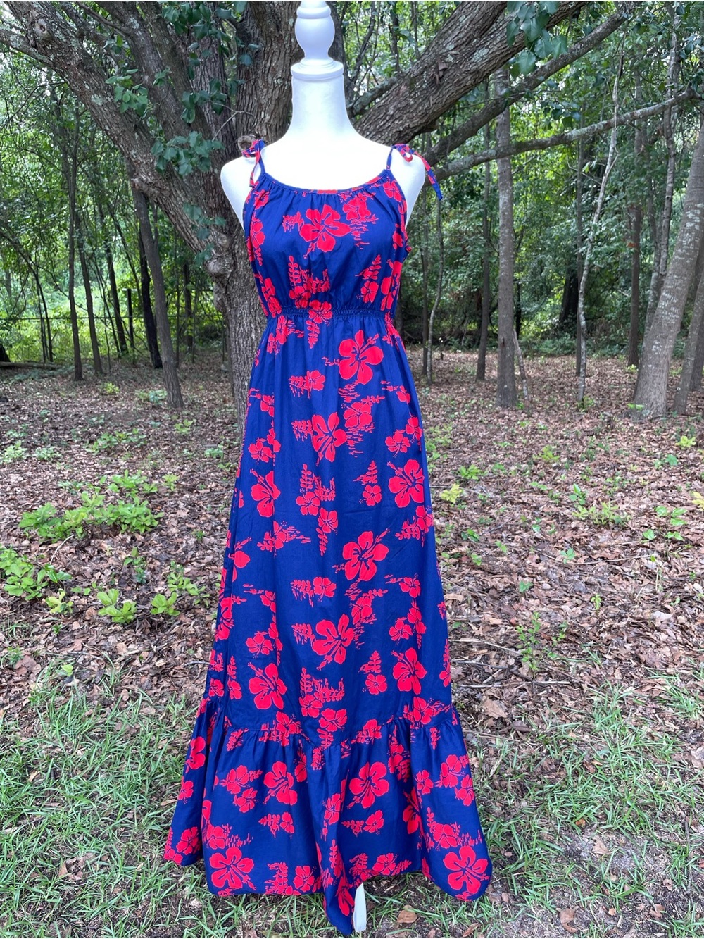 Vintage Ui-maikai Hawaiian cotton Maxi Dress, red & navy hibiscus 🌺 print